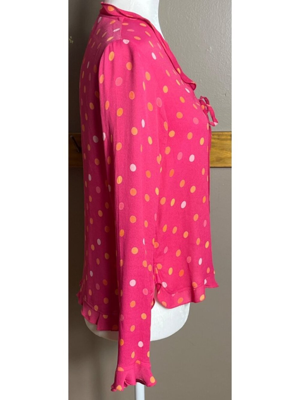 Vtg Rare April Cornell Top Pink Polka Dot Button Ties Twee Flutter Ruffles Wm XS - Picture 6 of 10